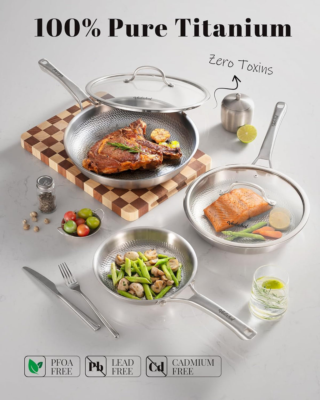 8/10/12Inch Pure Titanium Hammered Pro Pan with Two Lids, Non-Toxic Skillet for Cooking, PFAS/PFOA/PTFE Free Cookware, Dishwasher&Oven Safe, Kitchen Induction Compatible