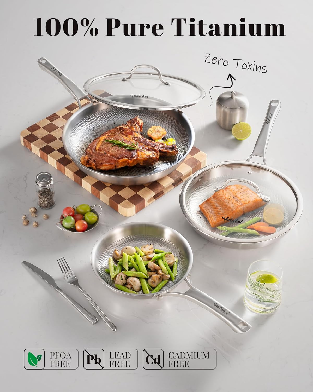 8/10/12Inch Pure Titanium Hammered Pro Pan with Two Lids, Non-Toxic Skillet for Cooking, PFAS/PFOA/PTFE Free Cookware, Dishwasher&Oven Safe, Kitchen Induction Compatible