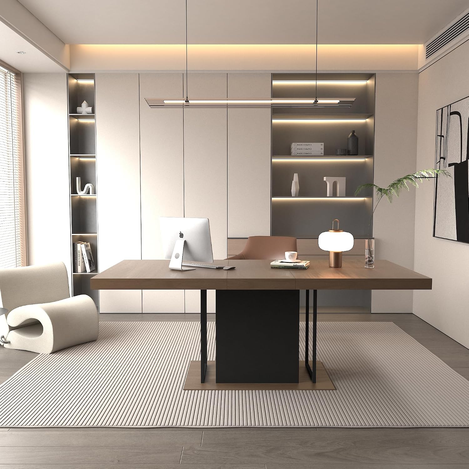 78.74'' Extendable Rectangular Dining Table for 4-8, Modern Mid-Century Wood Expandable Kitchen Dinner Conference Table for Living Room Office, Widen Pedestal Base, Black & Brown