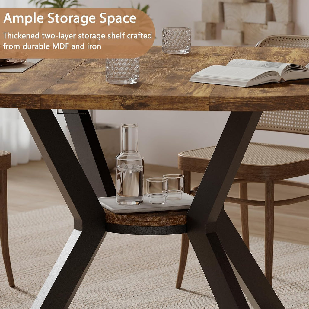 42'-58' Extendable Oval Dining Table for 4-6, Kitchen Round Table with Hidden Leaves & Storage Shelf, Space Saving Modern Design with Sturdy Metal Legs for Kitchen, Dining Room & Small Apartments