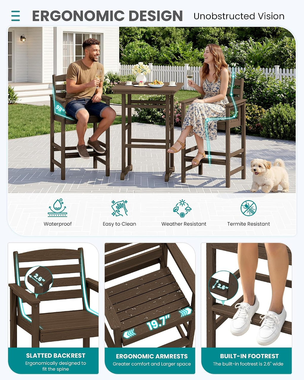 SERWALL HDPE Outdoor Patio Bar Set, Tall Adirondack Bar Chair and Table Set (Coffee, 3 pcs)