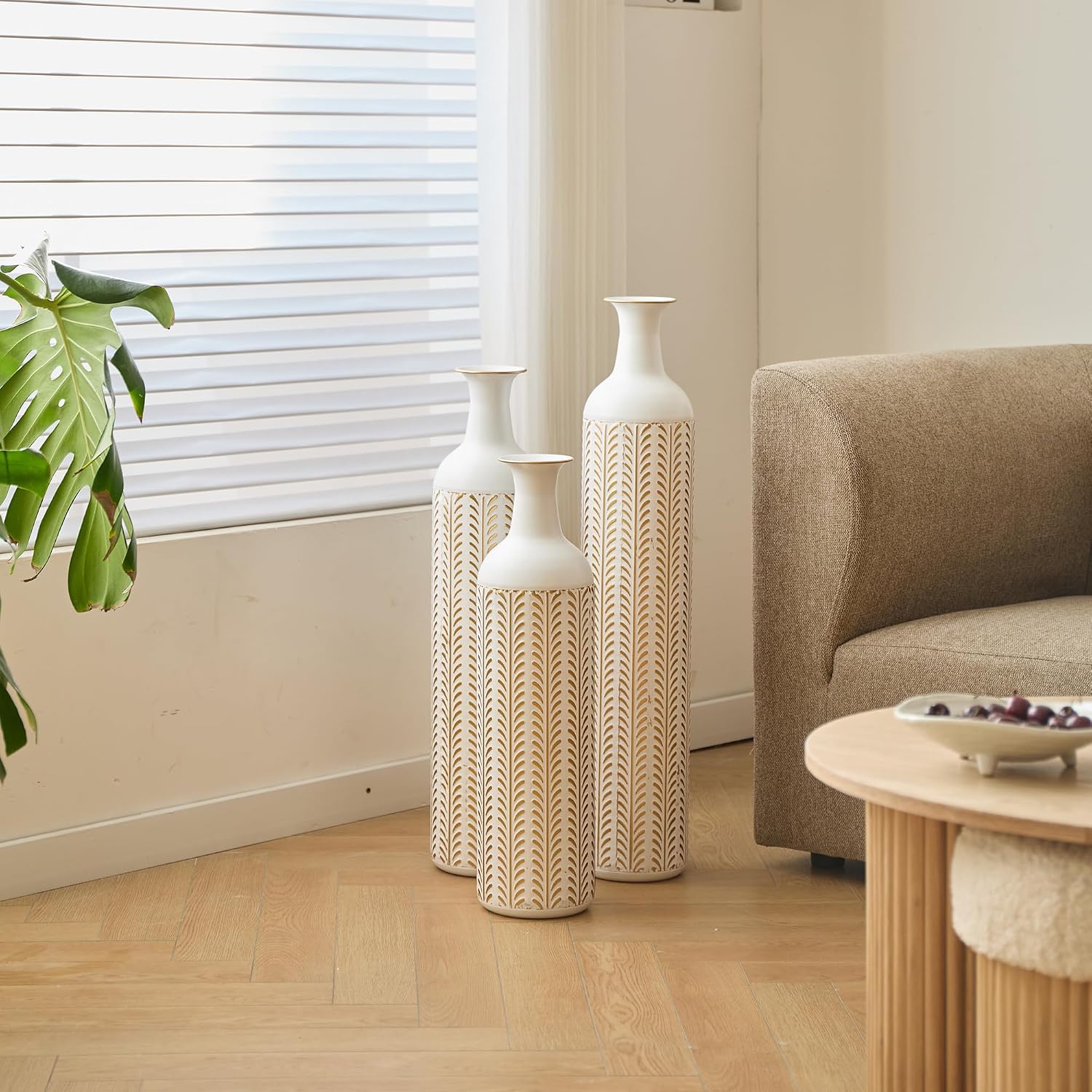 Floor Metal Decorated Vases Set of 3 for Gorgeous Home Decoration Large Glazed Metal Vases (Vintage White)