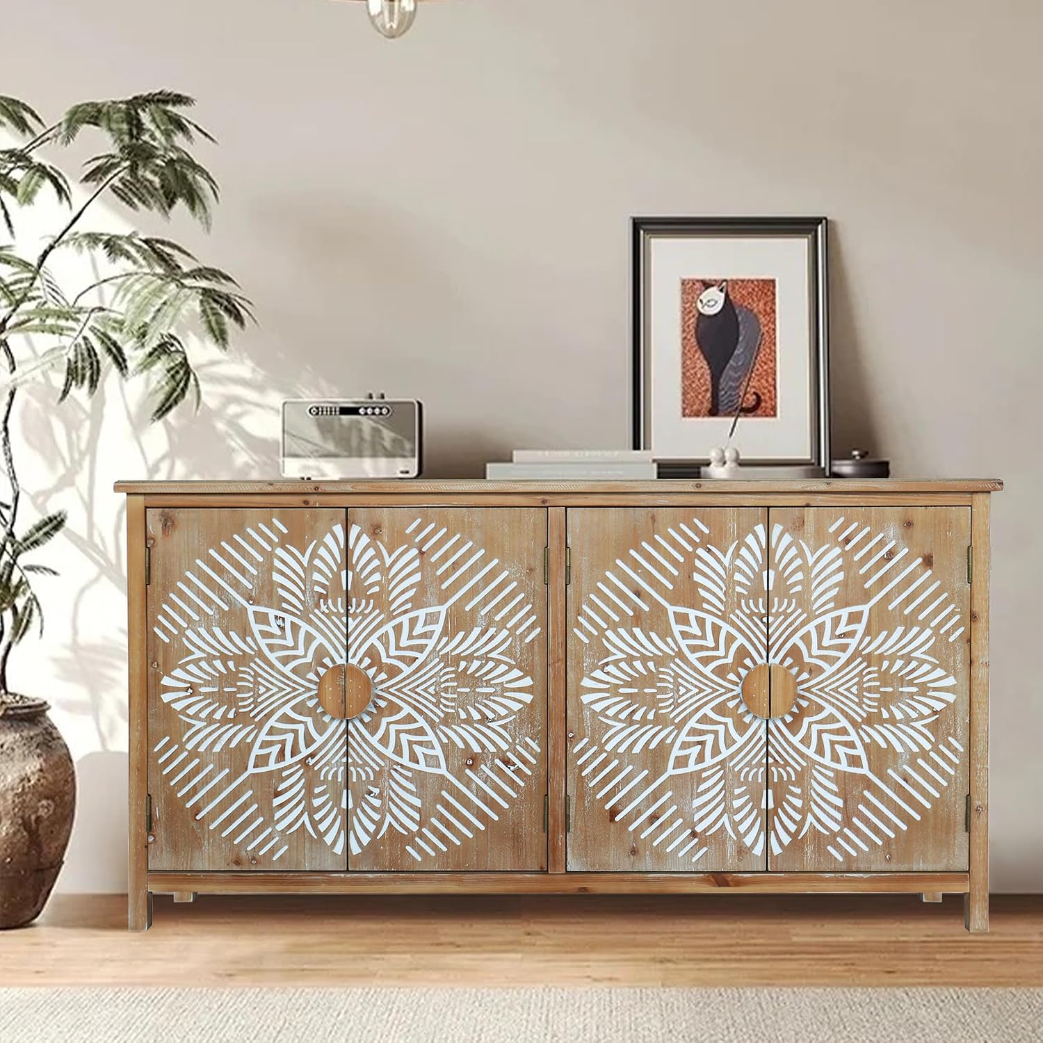 LKTART 60' Sideboard Buffet Cabinet,Vintage Accent Credenza Storage with Carved Doors,Media Console Cabinet for Entryway, Living&Dining Room Organization
