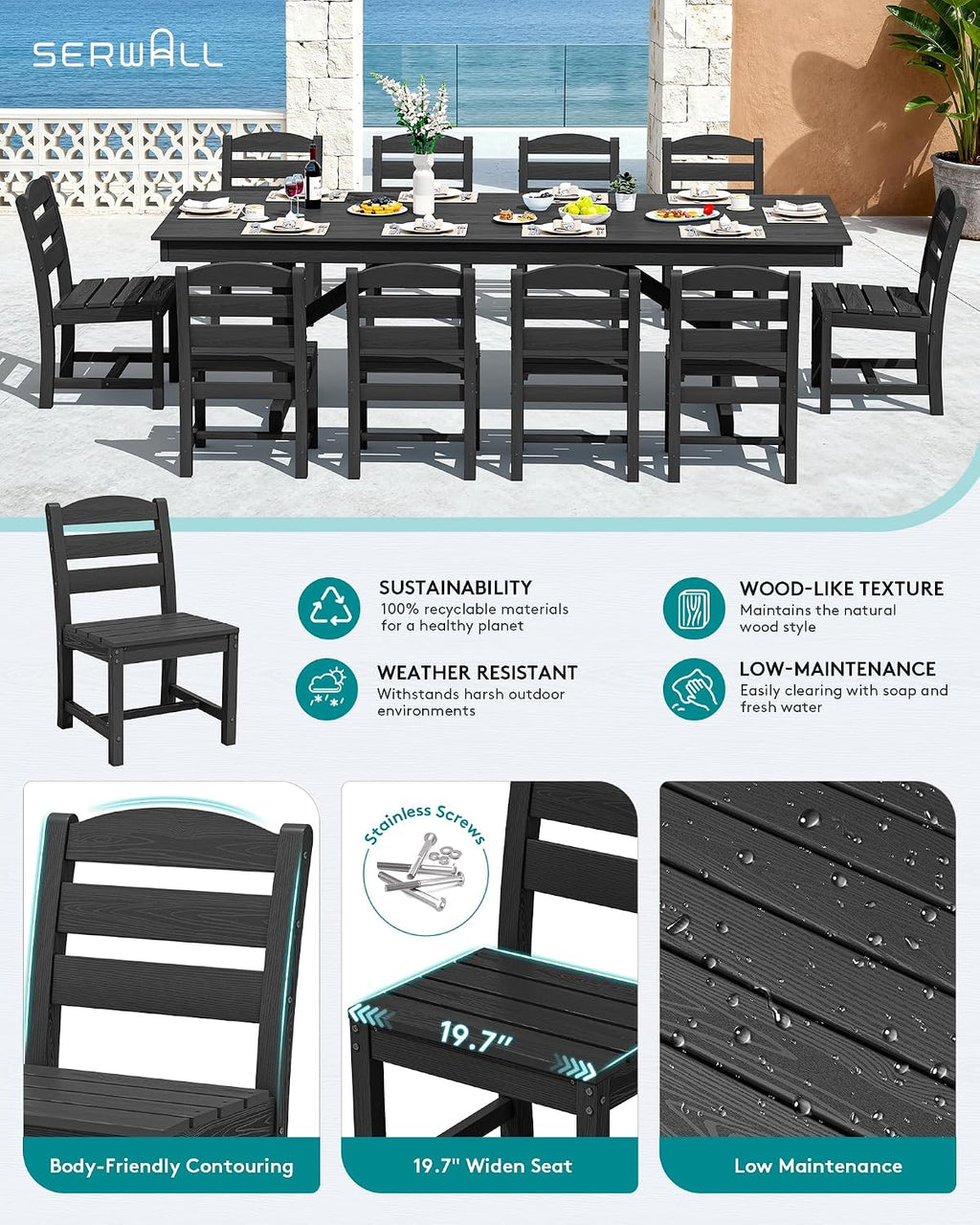 SERWALL Outdoor Armless Dining Chairs Set of 4, All-Weather HDPE Patio Chair with 19.7' Widened Seat, for Backyard, Garden, Black