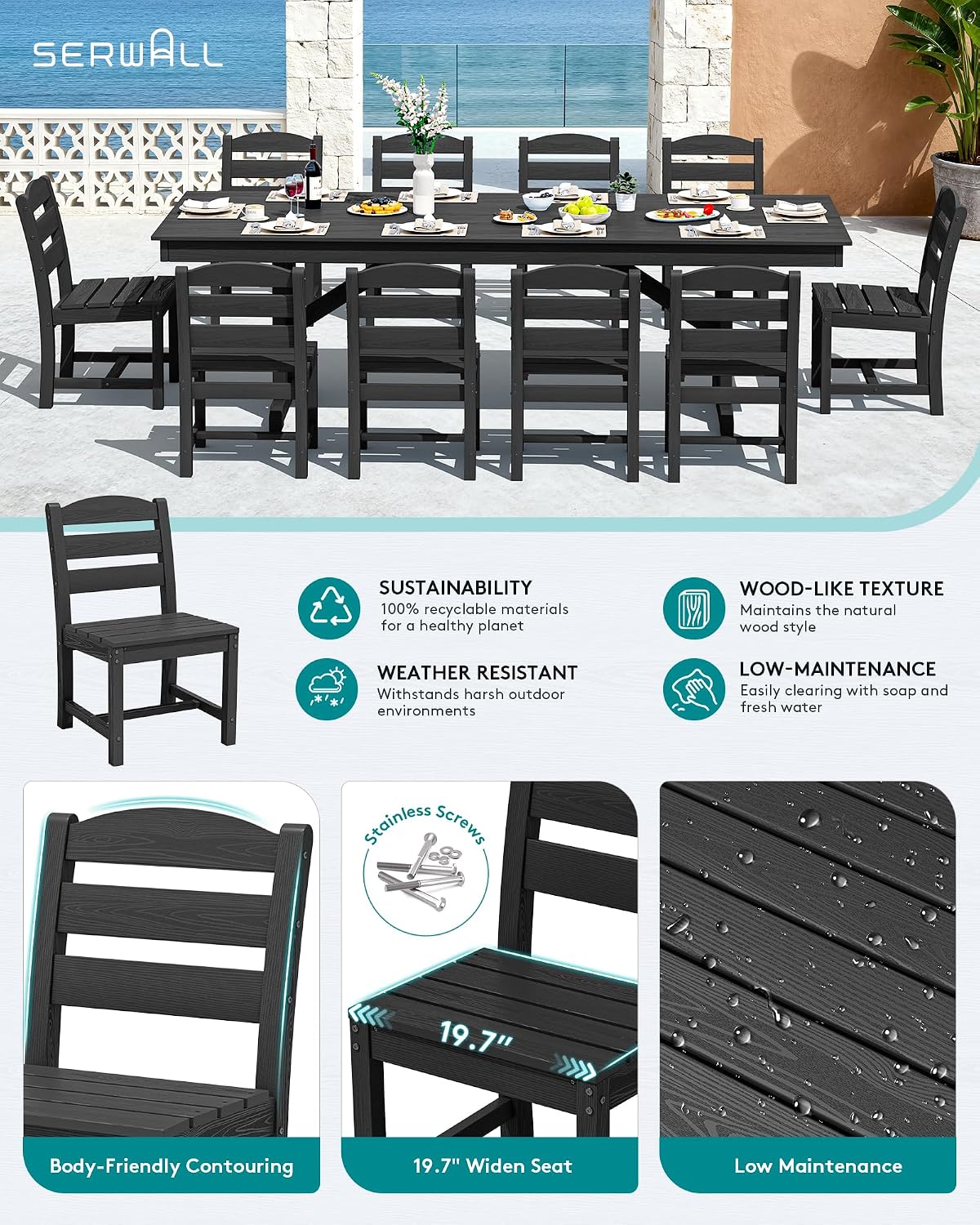 SERWALL Outdoor Armless Dining Chairs Set of 4, All-Weather HDPE Patio Chair with 19.7' Widened Seat, for Backyard, Garden, Black