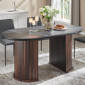 T4TREAM 63' Fluted Oval Dining Table for 4-6, Mid-Century Modern Kitchen Table with Thickened Edge & Semi-Cylindrical Base, Wood Table for Dining Room/Kitchen/Home Office, Black & Walnut(Table Only)