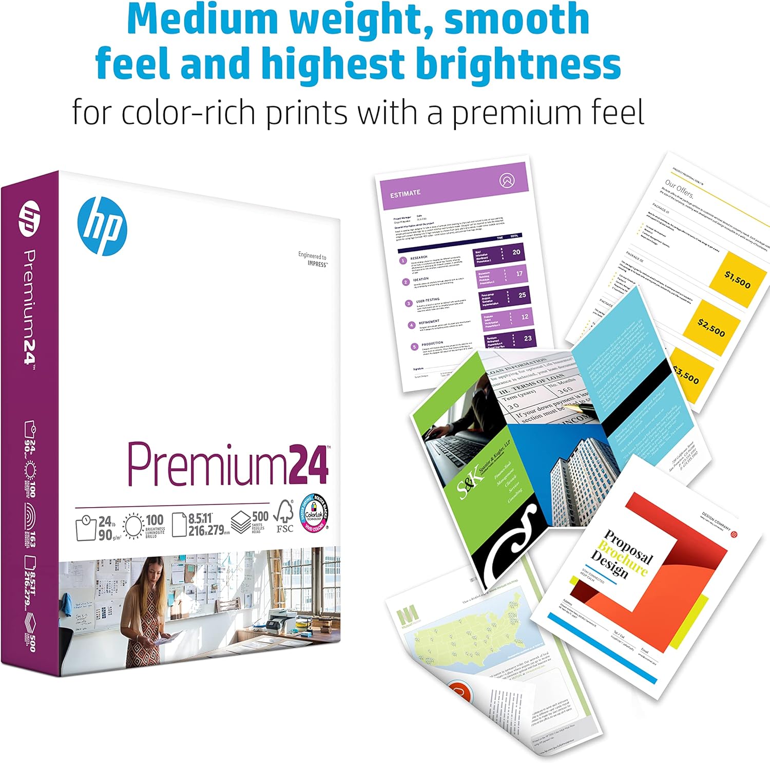 HP Papers | 8.5 x 11 Paper | Premium 24 lb | 10 Ream Case - 5000 Sheets | 100 Bright | Made in USA - FSC Certified | 112400C