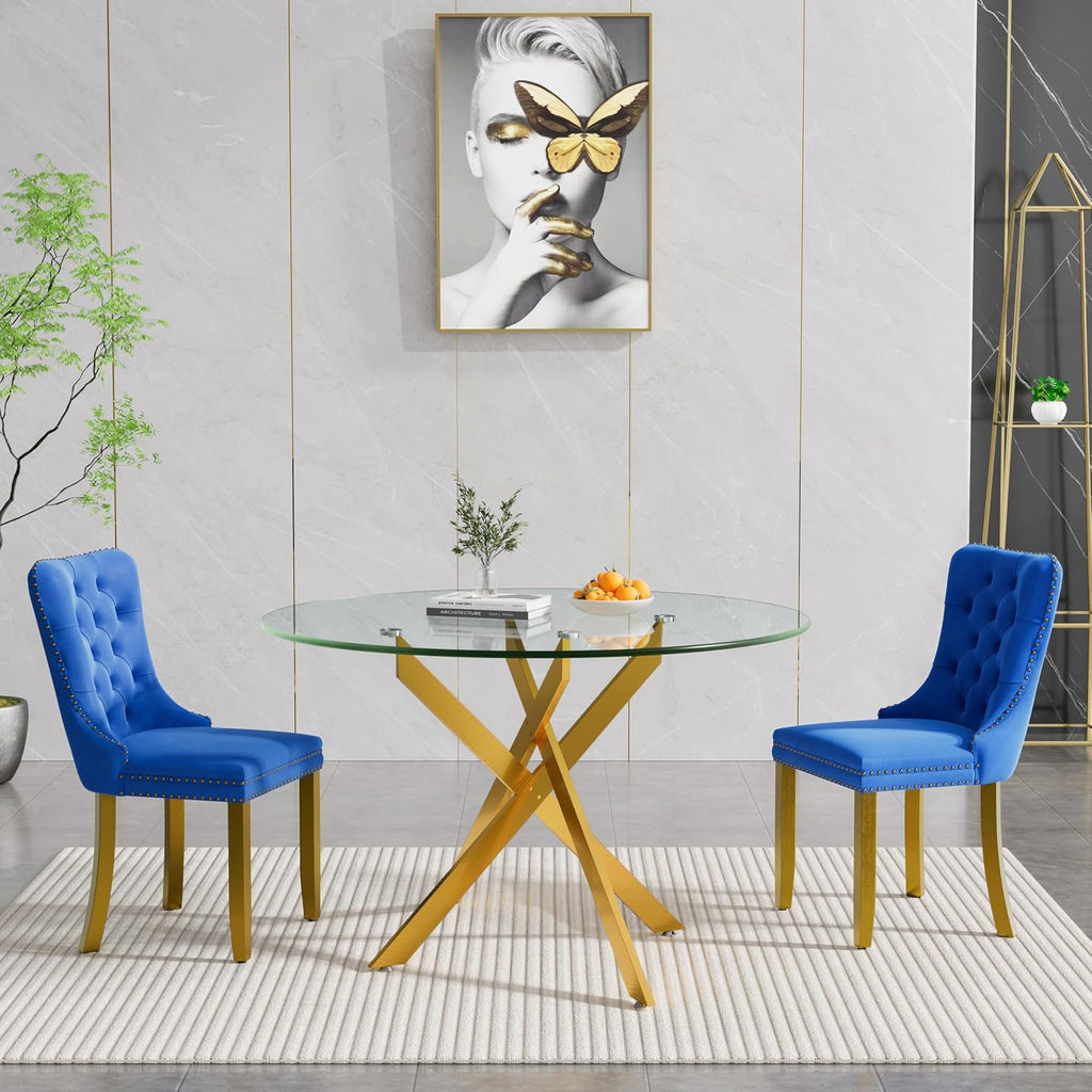 HomVent 3 Piece Round Glass Dining Table Set, Tempered Glass Dinner Table Set for 2 Kitchen Table Set with 2 Velvet Upholstered Chairs for Kitchen Dining Room