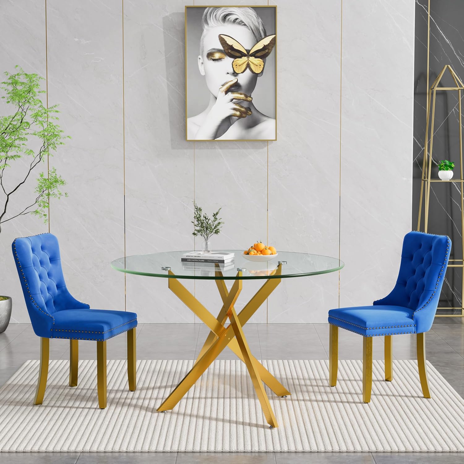 HomVent 3 Piece Round Glass Dining Table Set, Tempered Glass Dinner Table Set for 2 Kitchen Table Set with 2 Velvet Upholstered Chairs for Kitchen Dining Room