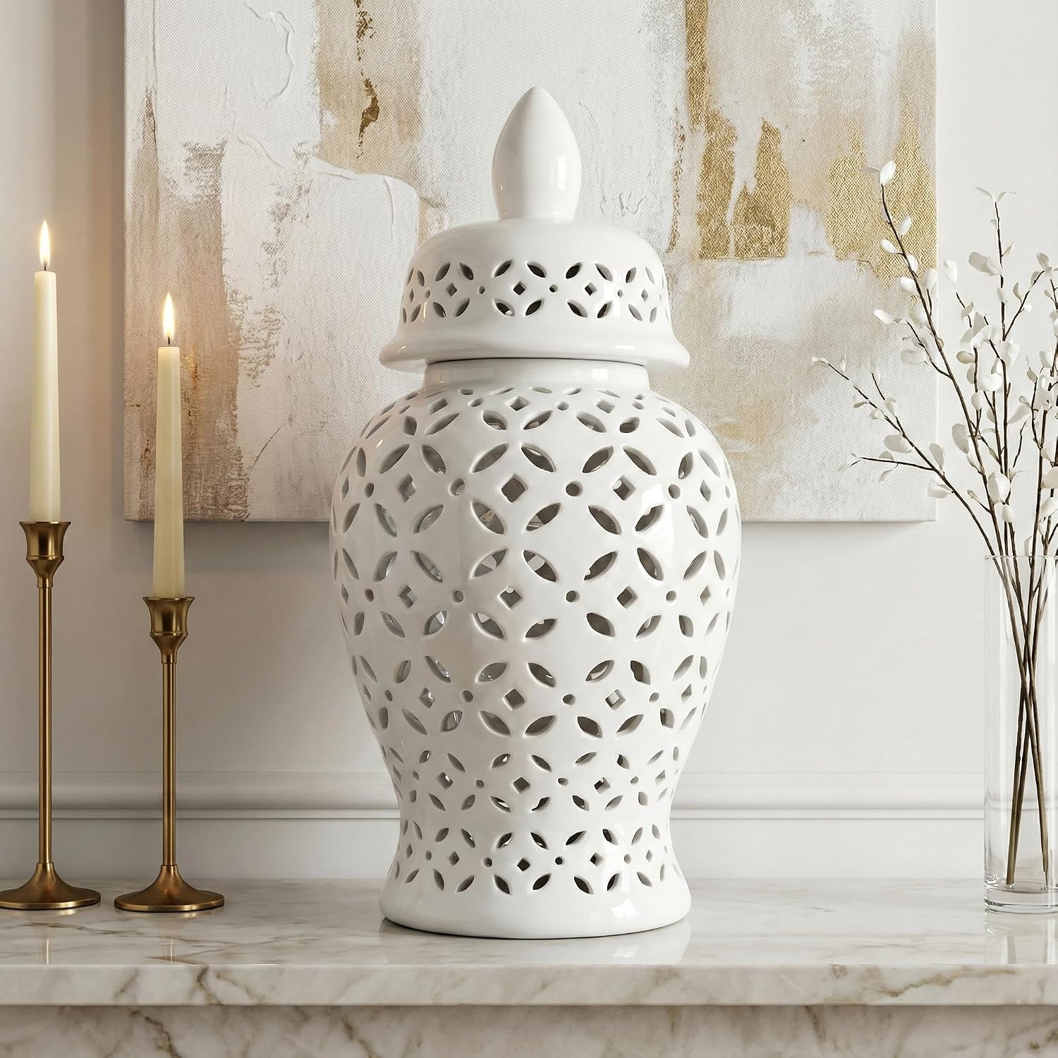 Elegant Pattern Ceramic Vase for Living Room and Home Decor - Chinoiserie House Accent for Dining Room Table Decor - Decorative Flower Vase for Room, Bedroom, or Office Display - 24', White