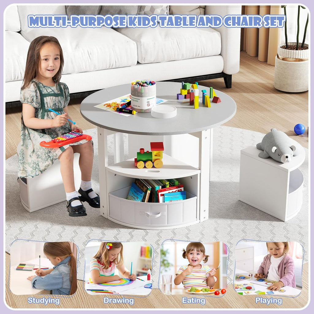 HONEY JOY Kids Table and Chair Set, Children Activity Play Table with 4 Storage Stools for Art Craft, Nesting Design Toddler Table and Chair Set for Playroom, Daycare, Gift for Boys Girls (Grey)