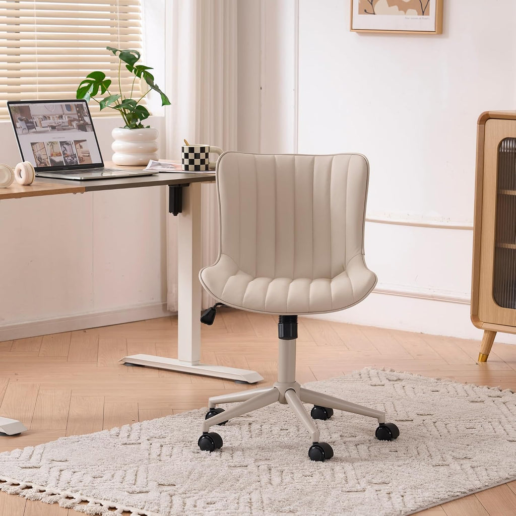 YOUNIKE Home Office Desk Chair with Wheels Armless Vanity Chair with Back Comfy Modern Leather Upholstered Rolling Task Chair Swivel Small Cute Sewing Chair No Arms Wide Adjustable Ergonomic Cream