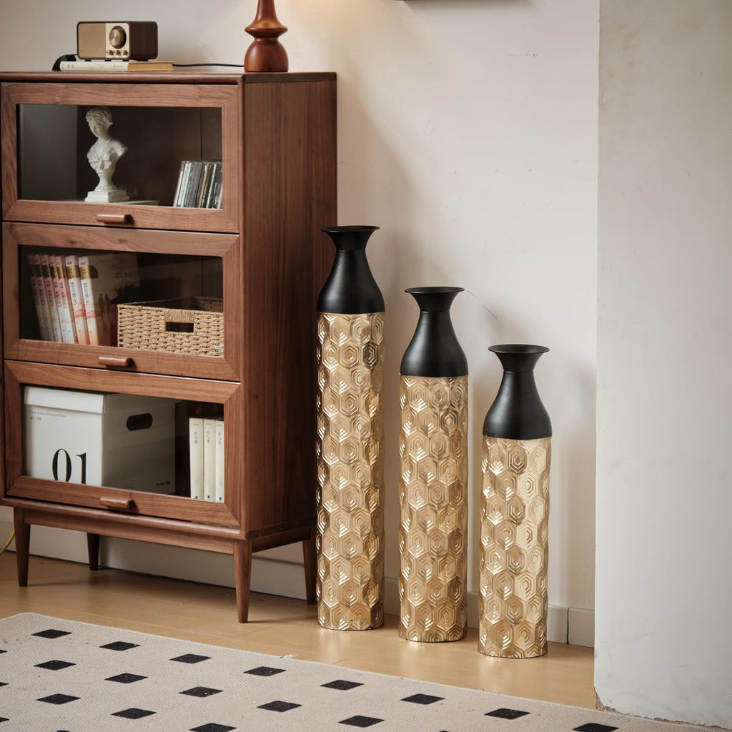 Tall Floor Vases Set of 3, Black and Gold Floral Pattern Metal Standing Vases for Living Room Decor, Decorative Floor Vase for Flowers, Modern Home Decor
