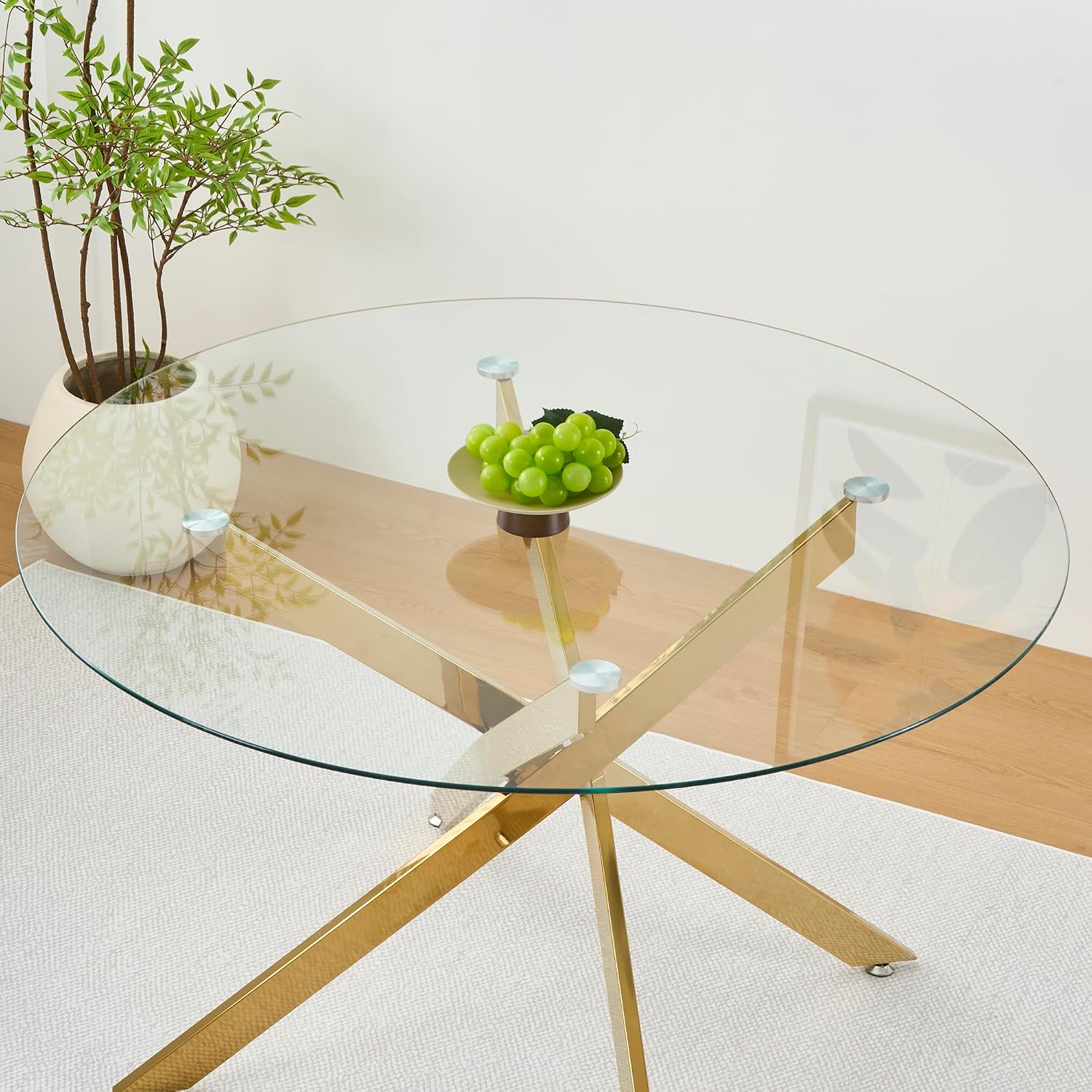 47.25' Round Dining Table for 6, Modern Clear Glass Kitchen Table for 6 with Gold X Metal Legs, Contemporary Small Circle Dining Room Leisure Tables for Kitchen Apartment