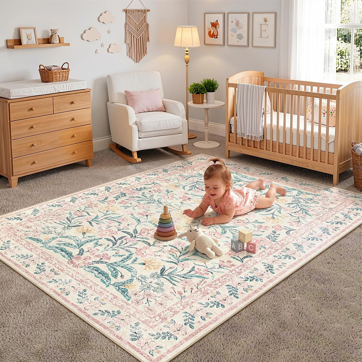 Lahome Sylvie Area Rugs 8x10 for Living Room, Boho Machine Washable Pink Cottage Decor for Girls Bedroom, Ultra-Thin Soft Cute Non Slip Floral Carpets for Dorm Reading Room Classroom, Pink/Multi