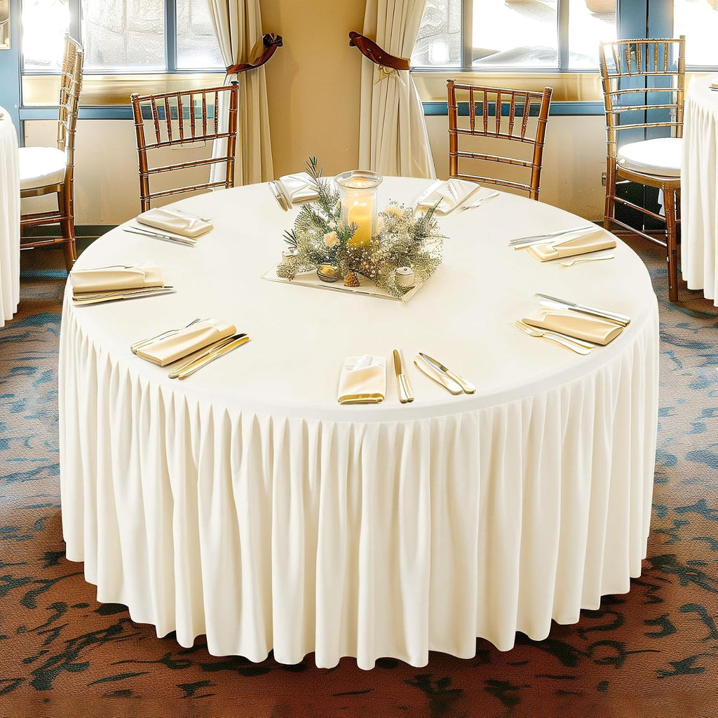 6 Pack Ivory Spandex Round Tablecloths for 48 inch Tables, Stretchy Fitted 4FT Round Table Clothes,Wrinkle Free Table Cover with Skirt for Wedding Party Dining Banquet Graduation Decorations