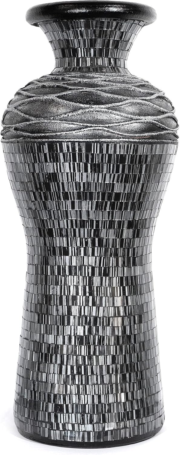 Floor Vase, 24 Inch Mosaic Vase – Tall Cylinder Made of Terracotta with Grey and Black Glass Mosaic Pieces – Handcrafted Decorative Home Décor Accent Piece for Bedroom, Living Room, Office