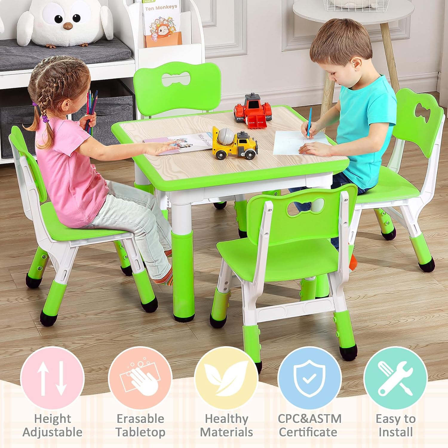 GarveeHome Kids Table and Chairs Set, Height Adjustable Desk for Ages 2-10,Arts & Crafts Table,Graffiti Desktop, Non-Slip Legs, Max 300lbs, Children Multi-Activity Table for Classrooms,Daycares,Home