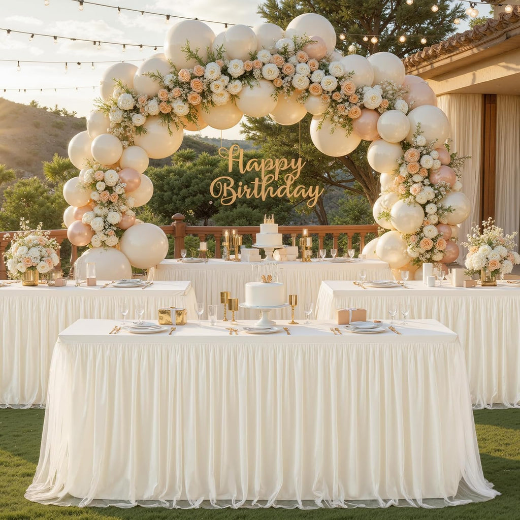 4 Pack 8ft Ivory Tulle Tablecloths for Rectangle Tables, 8 Foot Ivory Rectangular Table Cloth Wrinkle Free Tablecover with Tutu Skirt for Wedding Baby Shower Birthday Party Banquet Buffet Cake