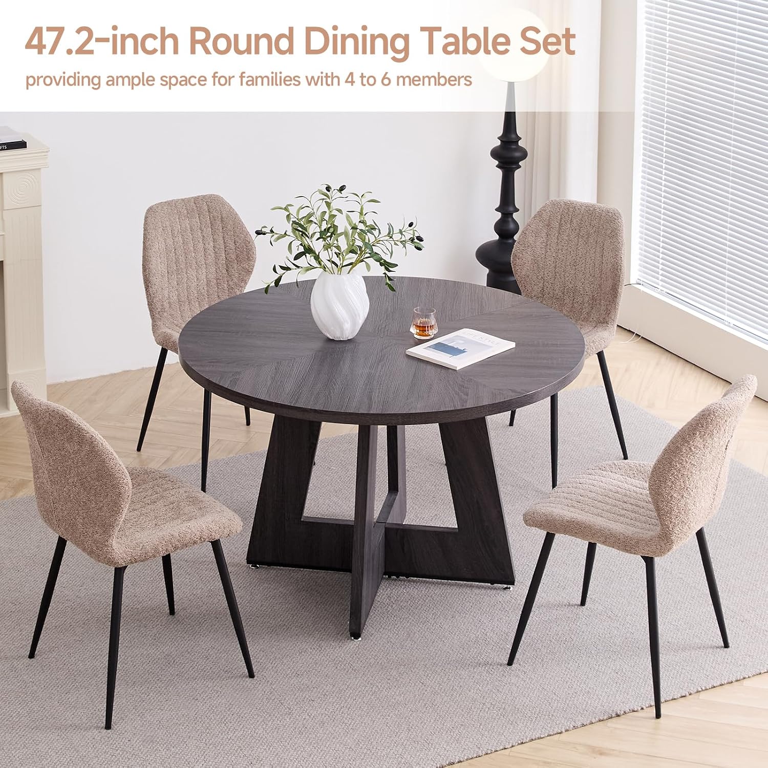 Round Dining Table Set for 4 with Chairs Kitchen Table and Chairs Set Dining Room Tables Mid-Century Modern Chair with Metal Legs for Apartment Living Room(Dark Gray Table With 4 Brown Chairs)