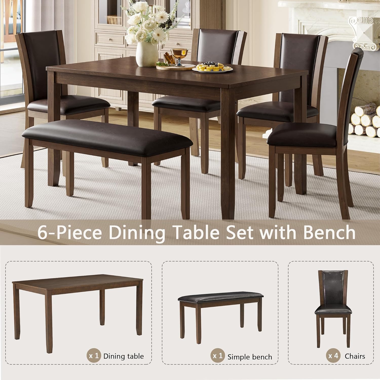 LUMISOL Farmhouse Dining Table Set for 6, Solid Wood Kitchen Table Set with 4 Upholstered Chairs and Bench for Kitchen, Dining Room, Dark Walnut