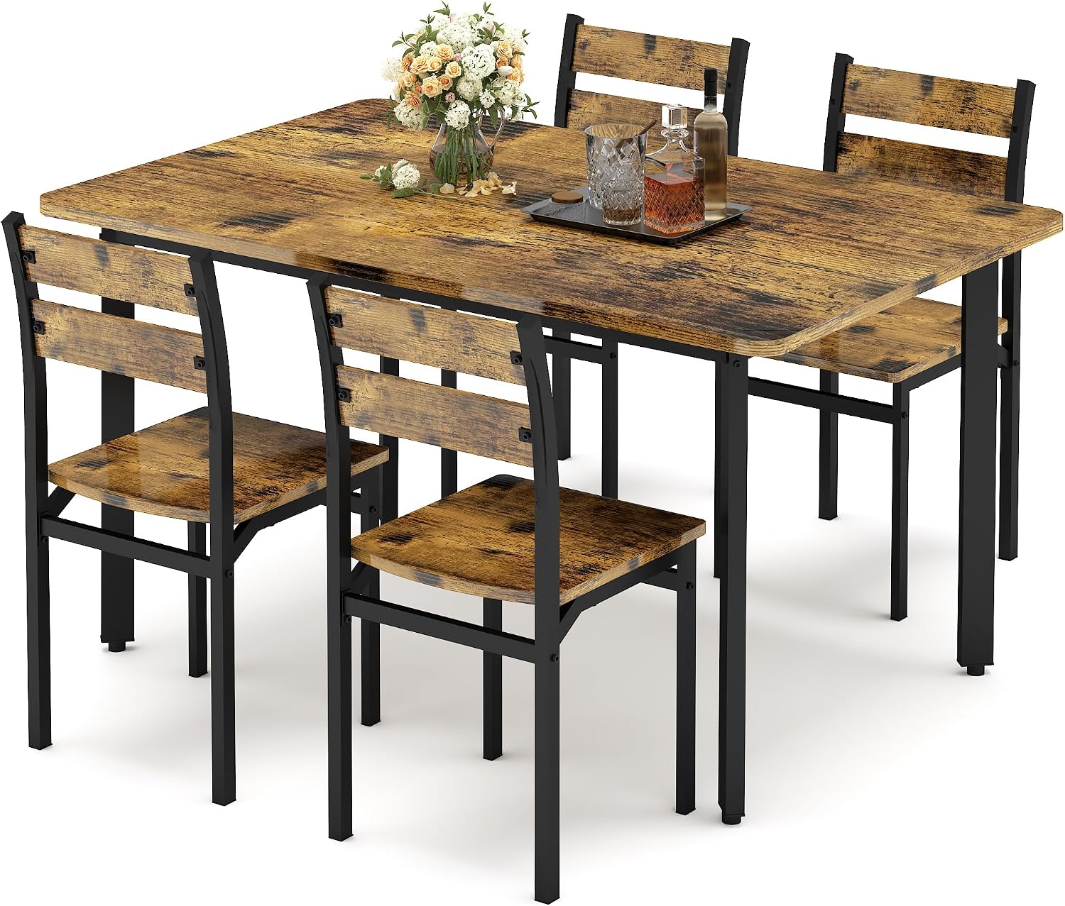 Recaceik Dining Table Set for 4 Wood Kitchen Table Chairs Set, 43 '' Farmhouse 5 Piece Dining Room Table Set, Space-Saving Dinette Set for Breakfast Nook, Apartment