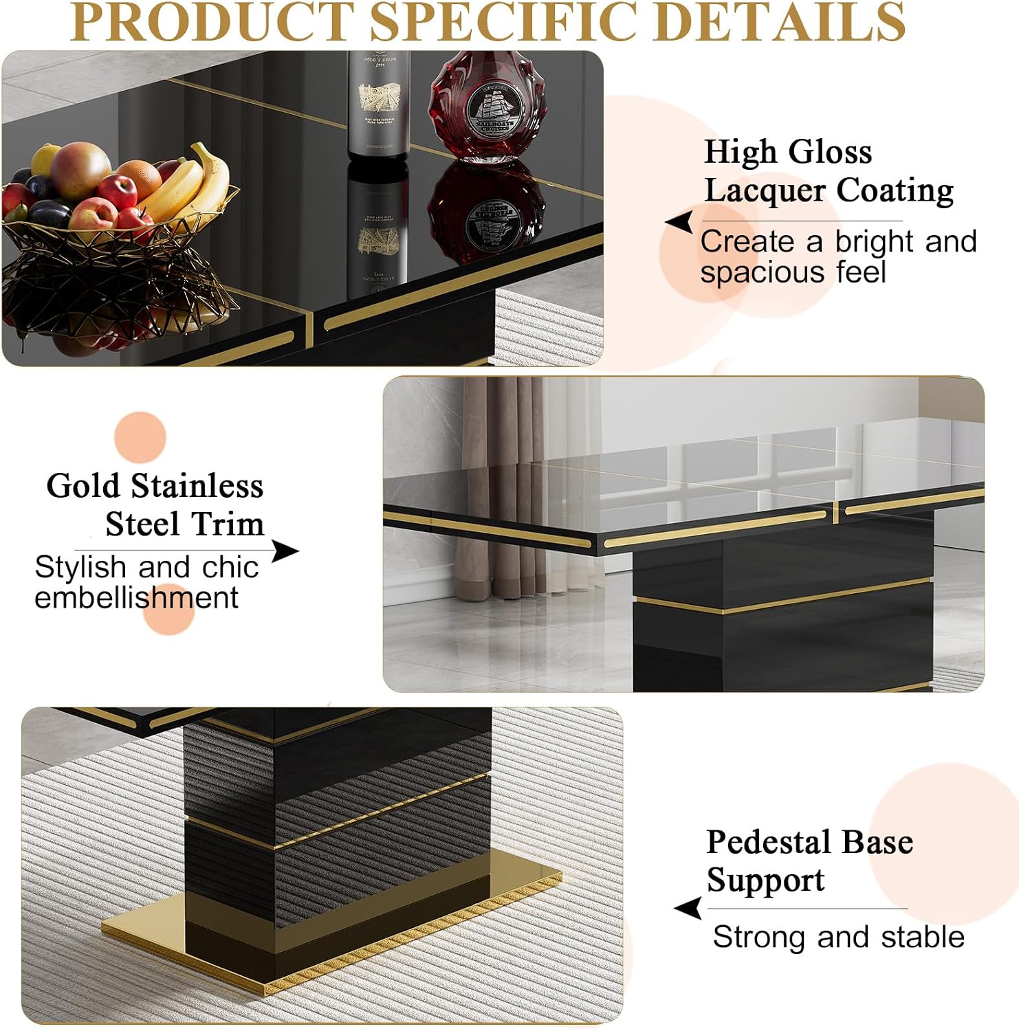 70 inch Black Dining Table for 4-6 People, Modern Kitchen Table with High Gloss Finish, Gold Stainless Steel Trims & Sturdy Pedestal Base, Luxury Dining Room Table for Dinner Party Family Gatherings