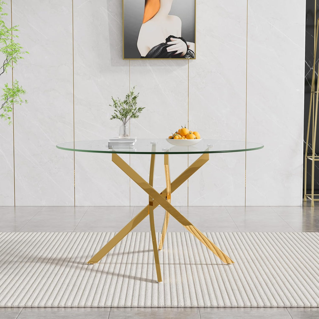 47.25' Round Dining Table for 6, Modern Clear Glass Kitchen Table for 6 with Gold X Metal Legs, Contemporary Small Circle Dining Room Leisure Tables for Kitchen Apartment
