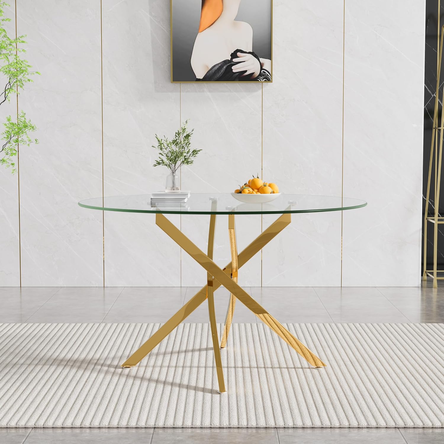 47.25' Round Dining Table for 6, Modern Clear Glass Kitchen Table for 6 with Gold X Metal Legs, Contemporary Small Circle Dining Room Leisure Tables for Kitchen Apartment