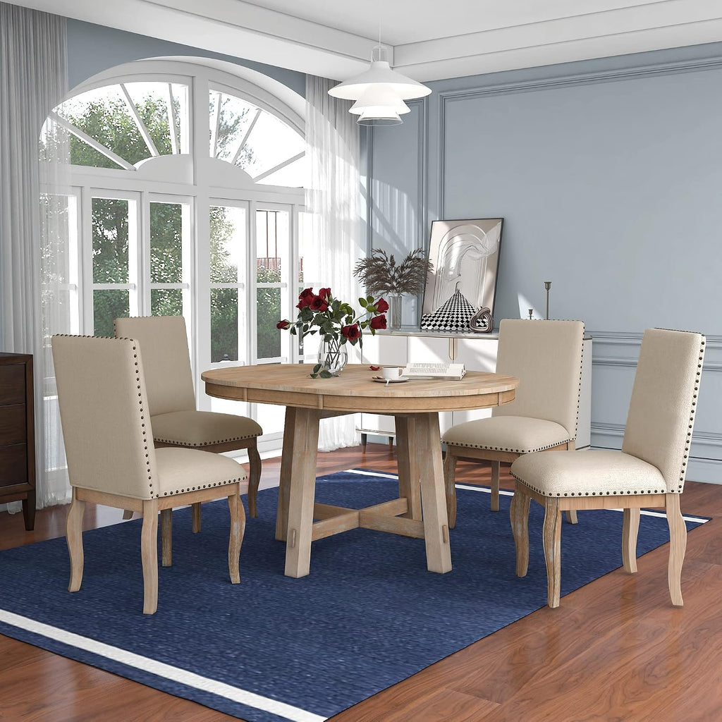 Harper & Bright Designs Kitchen Dining Table Set for 4, Wood Round Extendable Dining Table and 4 Dining Chairs Dining Table Set (Natural Wood Wash), ST000074AAE-MZJ