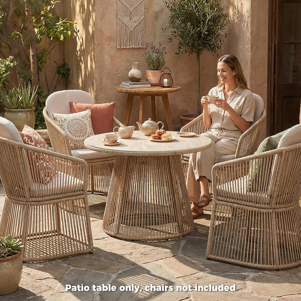 SUNSITT 43' Outdoor Dining Table, Patio Round Table for 4, Modern Patio Dining Table w/Beige Rattan Design, Tempered Glass Top w/Ceramic Coating, Metal Frame Outdoor Table for Garden Backyard Lawn