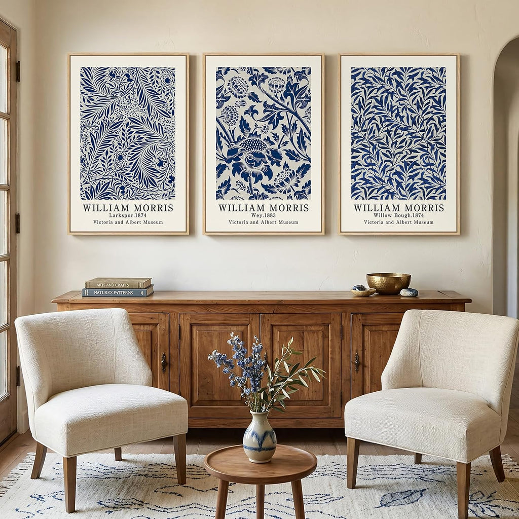 Large Framed Blue William Morris Wall Art Set of 3, Vintage Botanical Floral Canvas Wall Decor Painting, Retro Farmhouse Artwork Prints for Living Room, Bedroom, Hallway, Office, 24x36 Inch