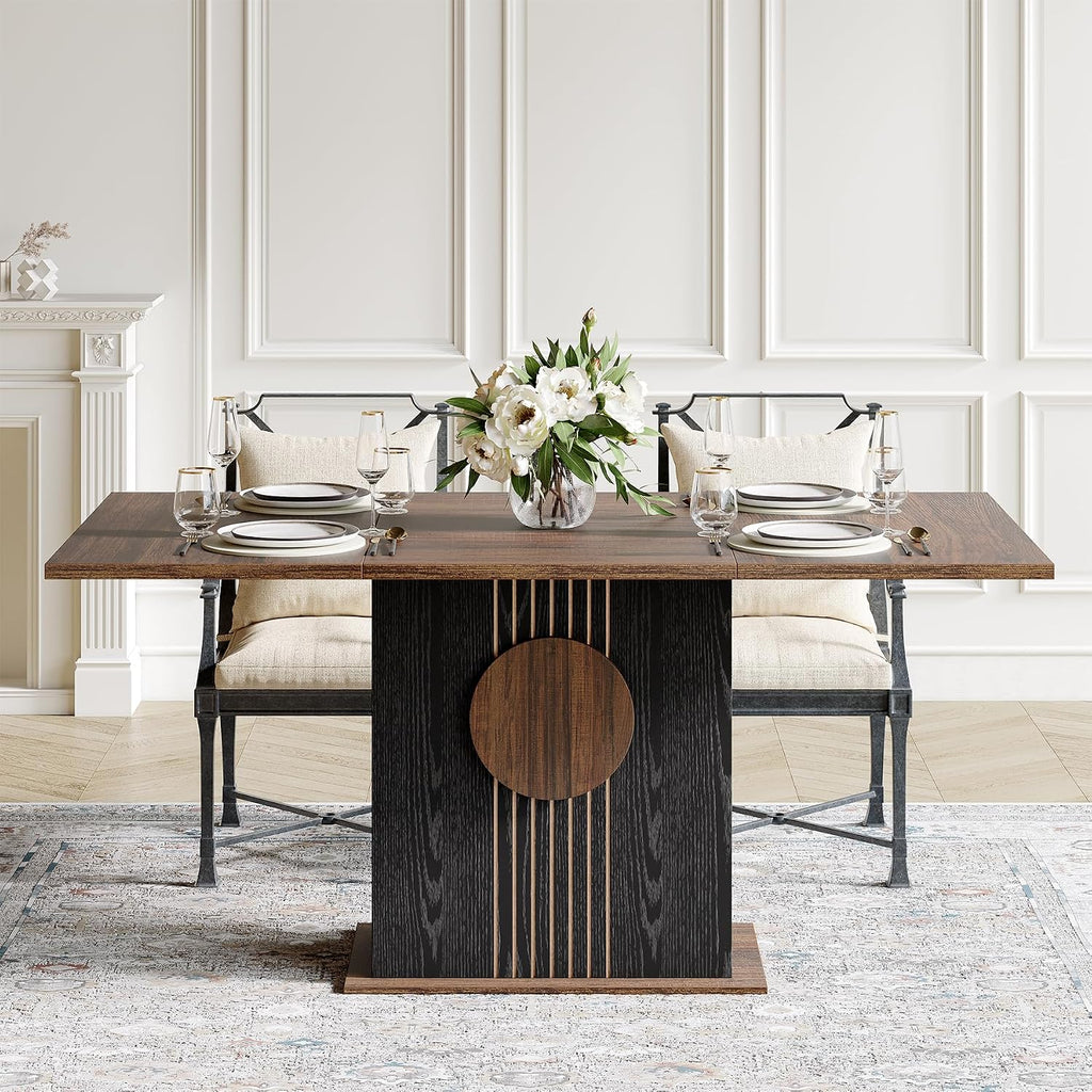 LITTLE TREE Rectangle Dining Table, Modern Kitchen Table Set for 6, Wooden Furniture with Heavy Duty Base, Modern Furniture for Home, Dining Room, Brown & Black