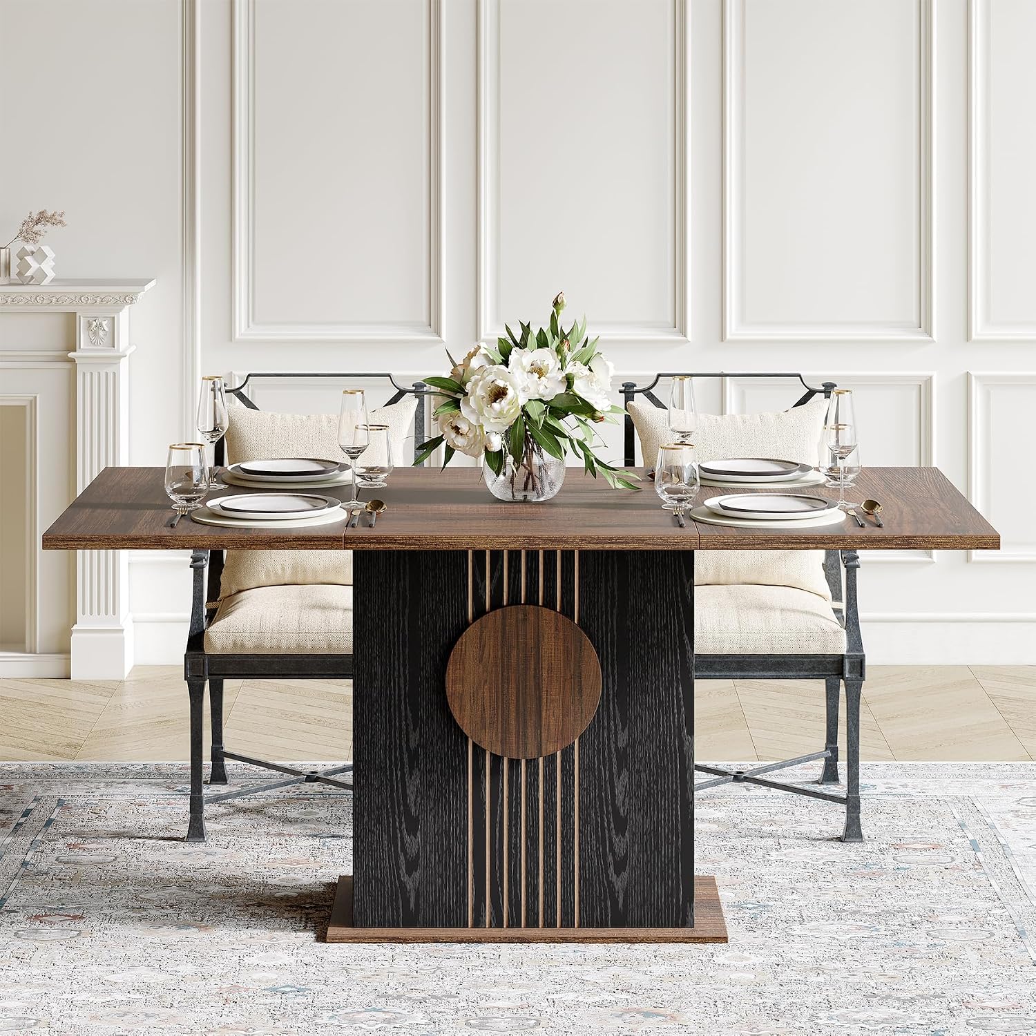 LITTLE TREE Rectangle Dining Table, Modern Kitchen Table Set for 6, Wooden Furniture with Heavy Duty Base, Modern Furniture for Home, Dining Room, Brown & Black