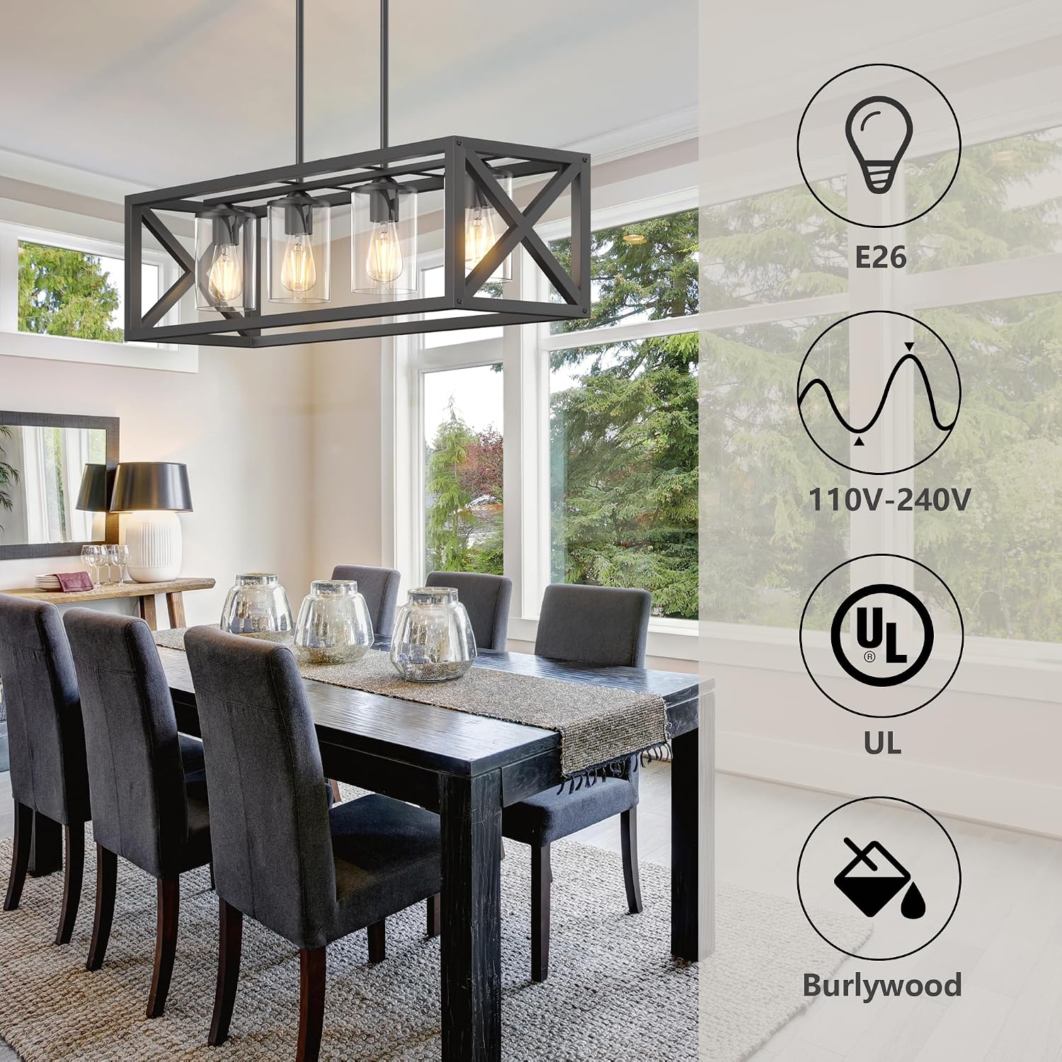 Farmhouse Dining Room Light Fixture - 4 Light Kitchen Island Lighting with Adjustable Height & Thickened Metal Dining Room Light Fixture Over Table，Chandeliers for Dining Room&Kitchen Island