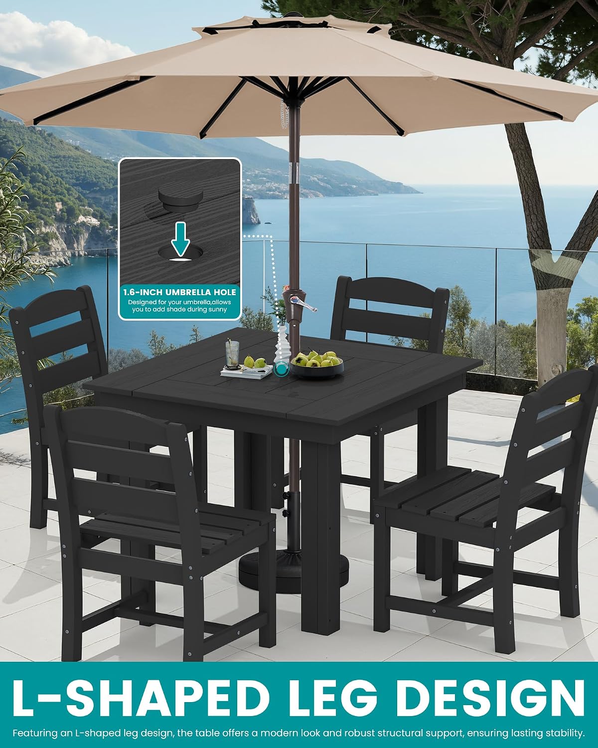 SERWALL Outdoor Dining Set for 4, HDPE Square Table and Chairs Set All Weather Patio Dining Set with 4 Armless Chairs for Patio, Black