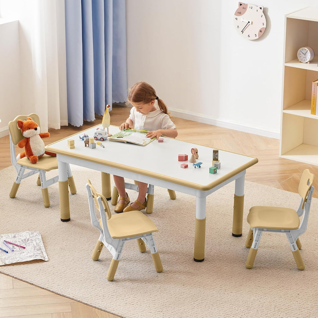 GITAWUSA Kids Study Table and Chairs Set, Height Adjustable Toddler Table and Chair Set for Kids Ages 3-8, Graffiti Desktop (Light Brown)