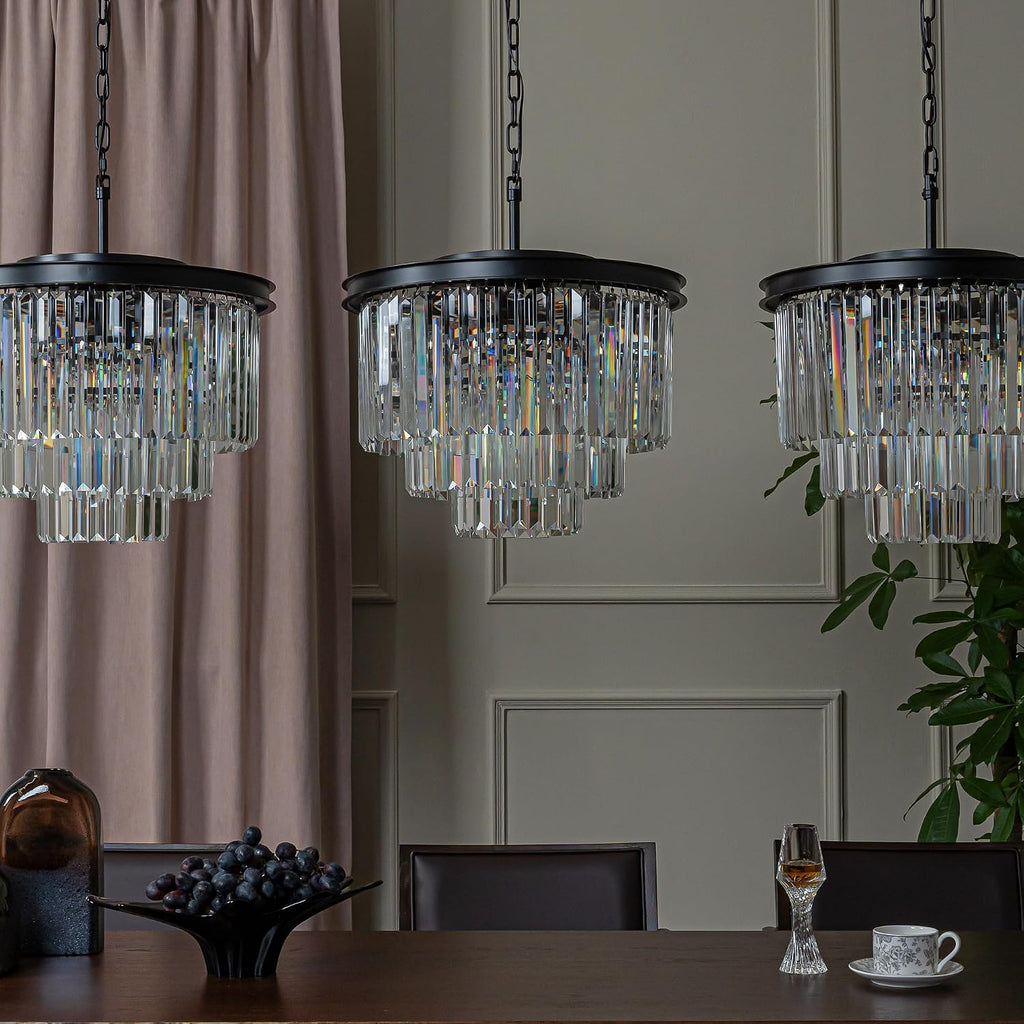 ALPADECOR 6-Light W 20' Modern Matte Black 3-Tier Round Fringe Crystal Chandelier Black Finish Frame Close to Ceiling Dual-Use Light for Dining Room Living Room