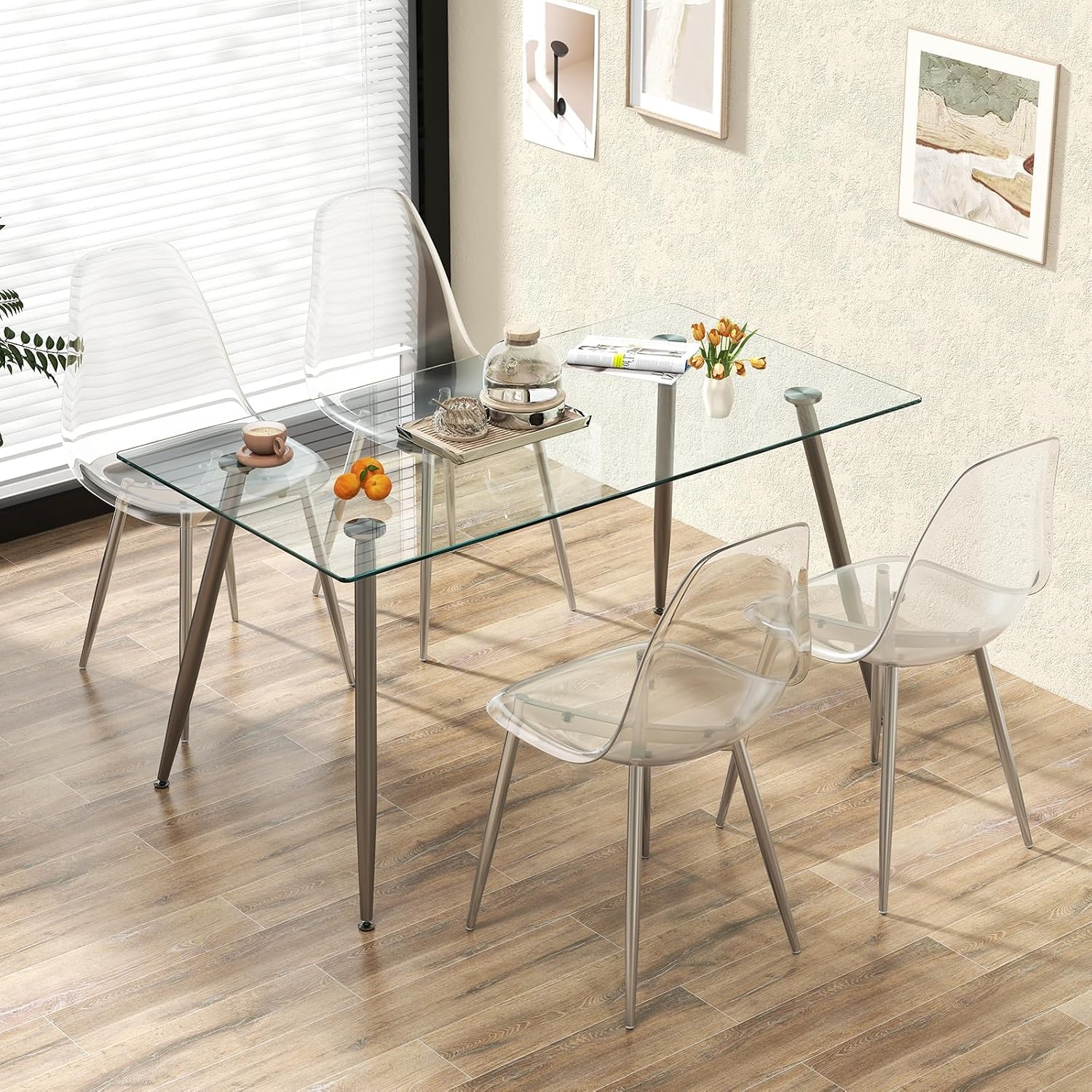Tangkula Dining Table Set for 4, Modern Kitchen Table and Chairs, Glass Table and Chairs Set of 4 for Small Living Room, Kitchen