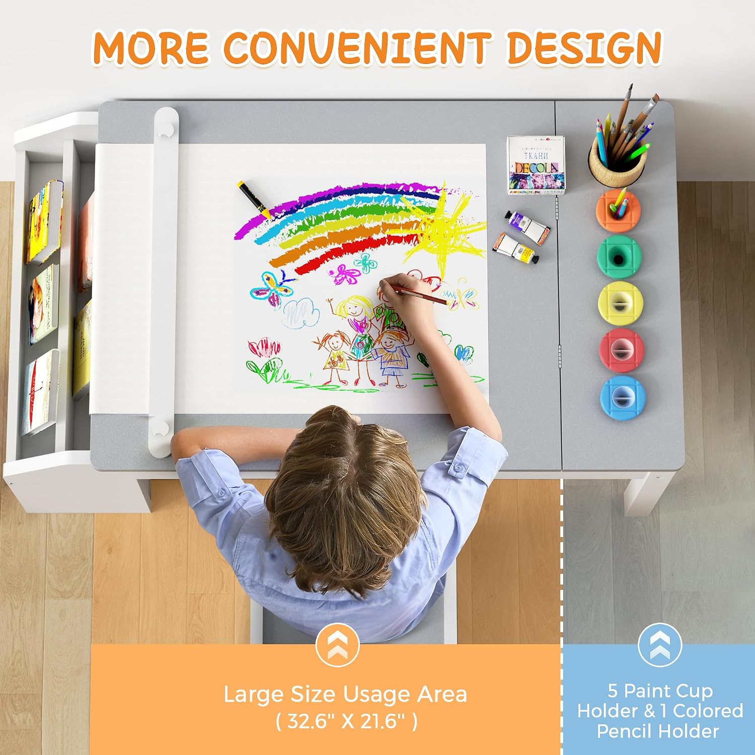 5-in-1 Kids Art Table and Chairs, Toddler Table and Chair Set, Craft Play Desk for Kids, Convertible Art Easel with Paper Roll Holder & Storage Drawers, Children Activity Learning Center-Light Grey