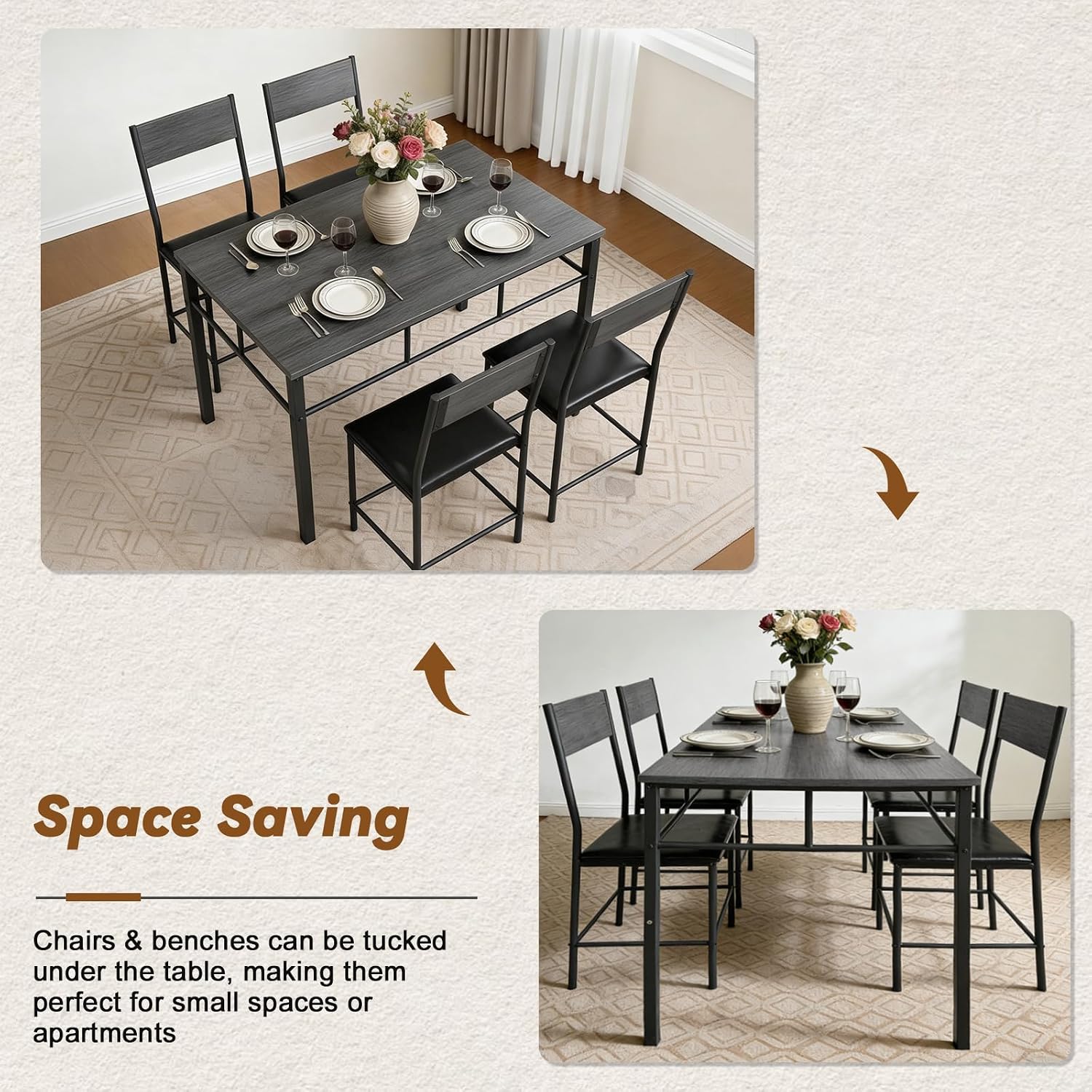 Dining Table Set for 4, 5-Piece Kitchen Table and Chairs Set, Rectangle Wooden Dining Room Table with Metal Frame & MDF Board, Perfect for Small Space, Dinette, Apartment, Grey