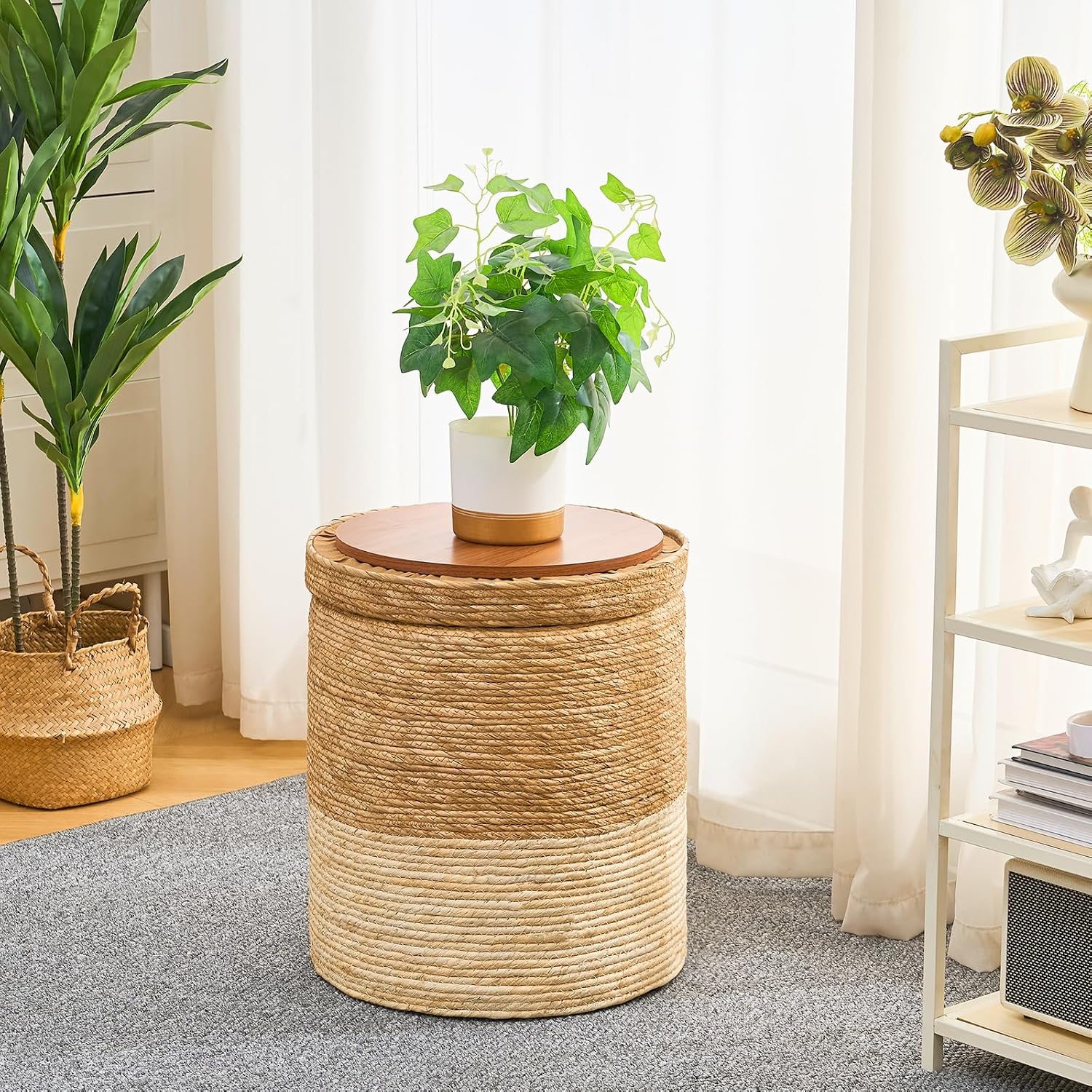 Wimarsbon Round Pouf Ottomans, Handwoven Natural Water Hyacinth Seagrass Pouffe,Outdoor Rattan Stool Accent Seat, Bohemian Coastal Home Decor (Cattail Nested Set-White)