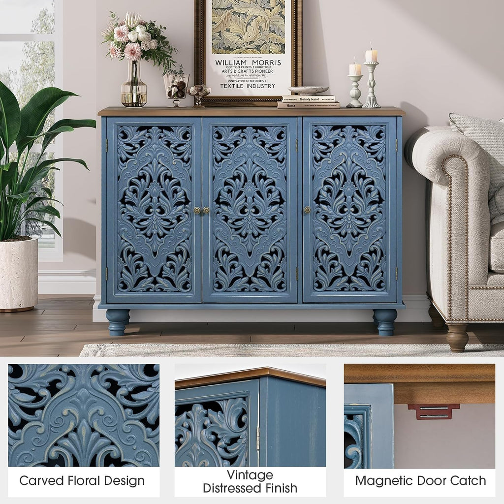 JOINICE Accent Cabinet with 3 Carved Doors, Distressed Sideboard Buffet with Storage & Solid Wood Legs, 43' Vintage Console Table for Living Room,Entryway,Coffee Bar,Hallway(Blue & Walnut)