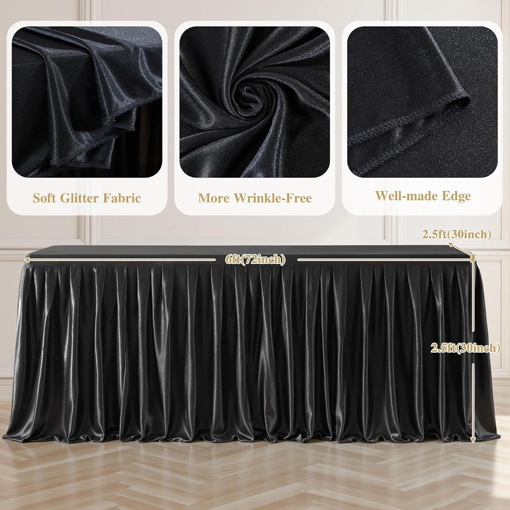 8 Pack 6ft Black Satin Tablecloths Rectangular - Shiny Spandex Party Table Cover with Pleated Table Skirt, No-Wrinkle & Glossy Wedding Tablecloth One-Piece for Birthday Baby Shower Banquet Ceremony