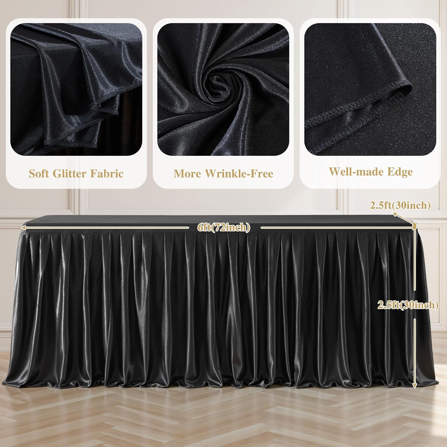 8 Pack 6ft Black Satin Tablecloths Rectangular - Shiny Spandex Party Table Cover with Pleated Table Skirt, No-Wrinkle & Glossy Wedding Tablecloth One-Piece for Birthday Baby Shower Banquet Ceremony