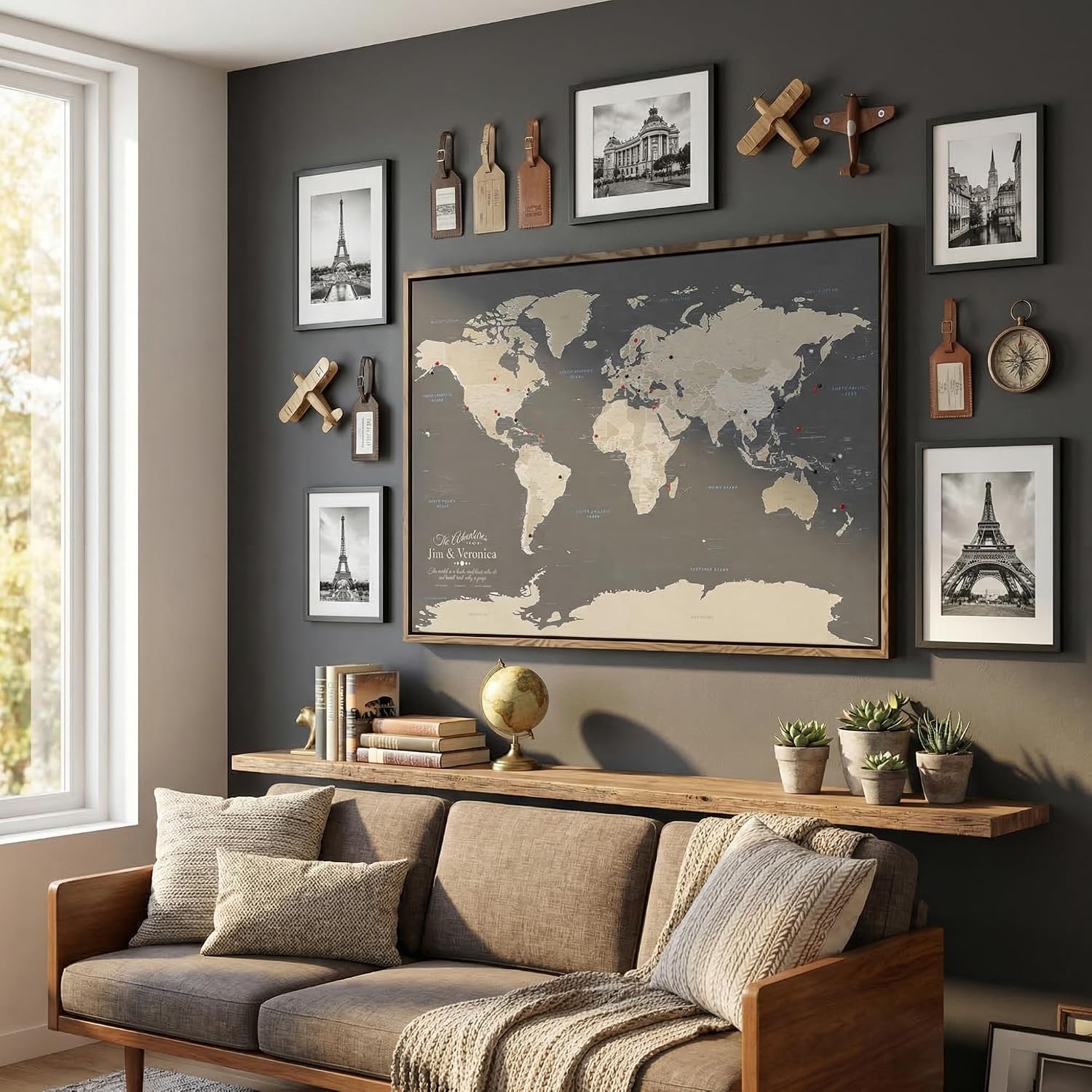 Earth Tone World Map with Pins – Personalized Canvas Push Pin Map – Framed World Travel Wall Decor – Black Float Frame – 24' x 36'