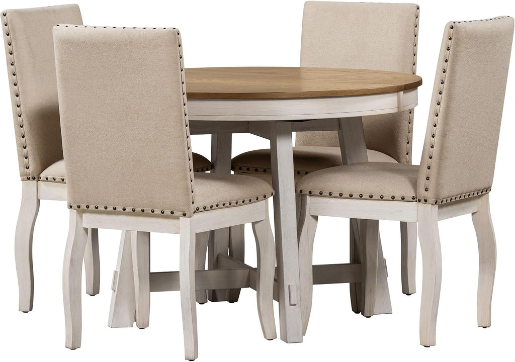 Harper & Bright Designs TREXM 5-Piece Farmhouse Dining Table Set Wood Round Extendable Dining Table and 4 Upholstered Dining Chairs (Oak Natural Wood + Antique White)