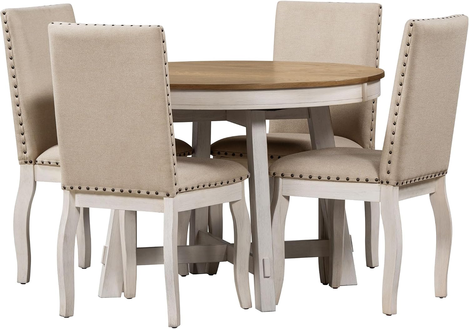 Harper & Bright Designs TREXM 5-Piece Farmhouse Dining Table Set Wood Round Extendable Dining Table and 4 Upholstered Dining Chairs (Oak Natural Wood + Antique White)