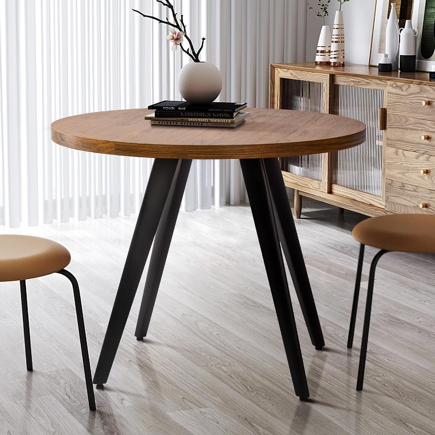 Round Dining Table, Small Dining Table for 2, 31.5' Round Table, Mid-Century Modern Kitchen Table with 1.4' Thickness Wood Grain Tabletop for or Small Space, Dining Room, Kitchen, Brown