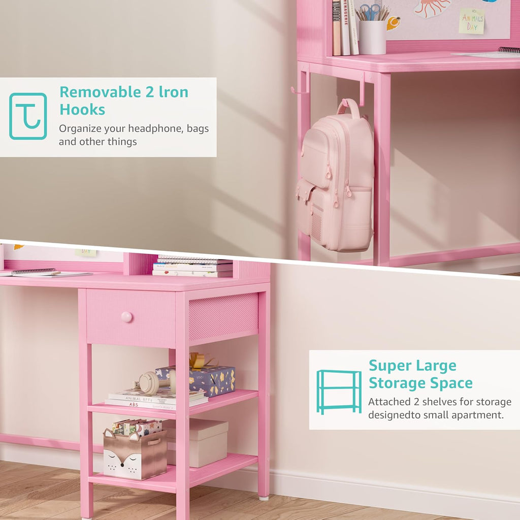 BOLUO Pink Kids Desk and Chair Set for 6-12 Year Old, Children Study Desk with Hutch and Storage Shelf, Student Writing Table with Fabric Drawer for Girls Boys